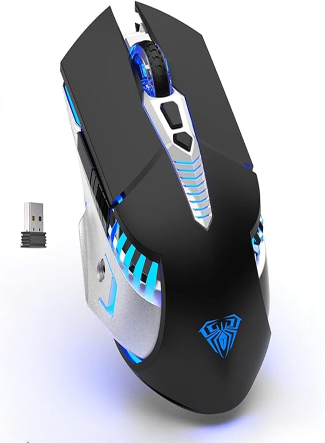 AULA SC200 Rechargeable Bluetooth Mouse, LED Wireless Gaming Mouse with Side Buttons, DPI Adjustable Multi-Device(BT5.0+BT3.0+2.4G) Office Games Computer Mice for PC Mac Laptop/Tablet/Cellphone, Black